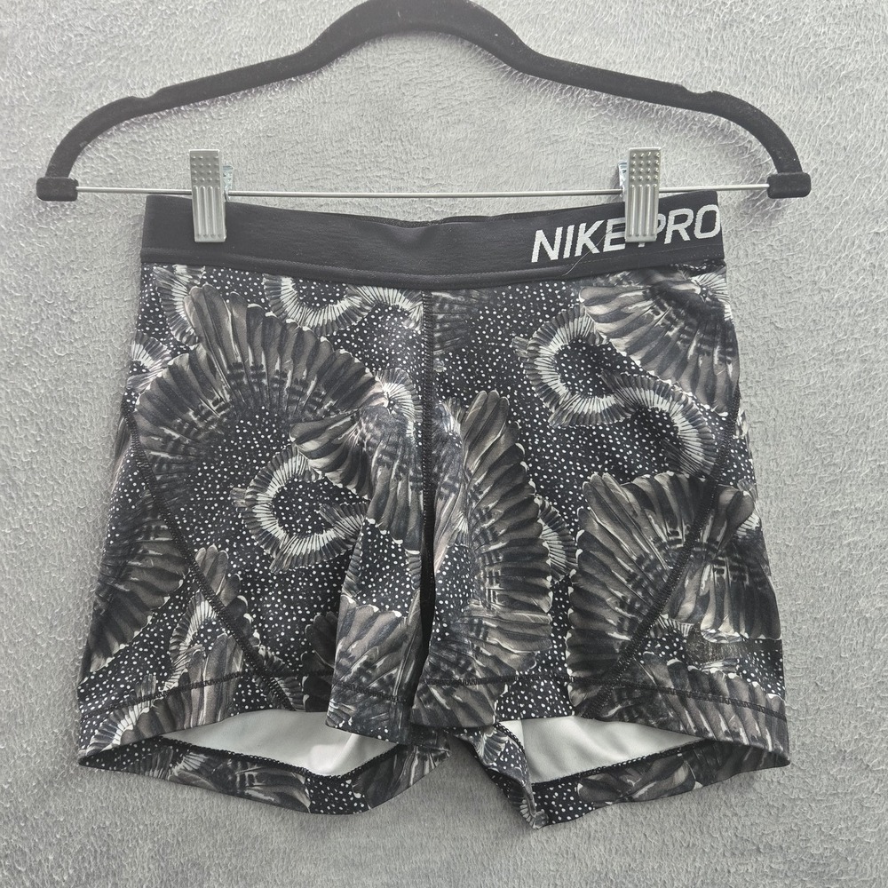 Nike Pro Women Shorts M Black Compression Shorts Graphic Biker Dri-Fit Logo READ